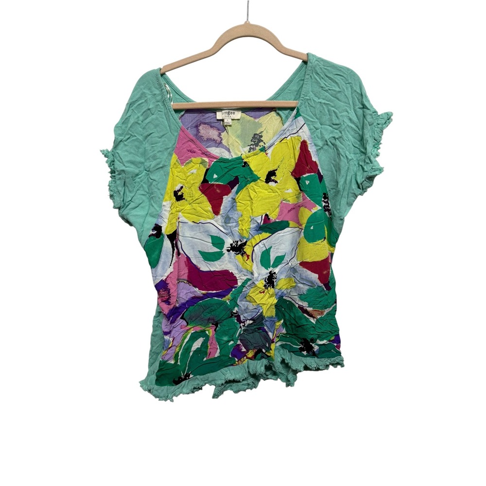 Umgee Floral Linen Blend Blouse Large Mint Green Ruffle Sleeve Boho Cottagecore